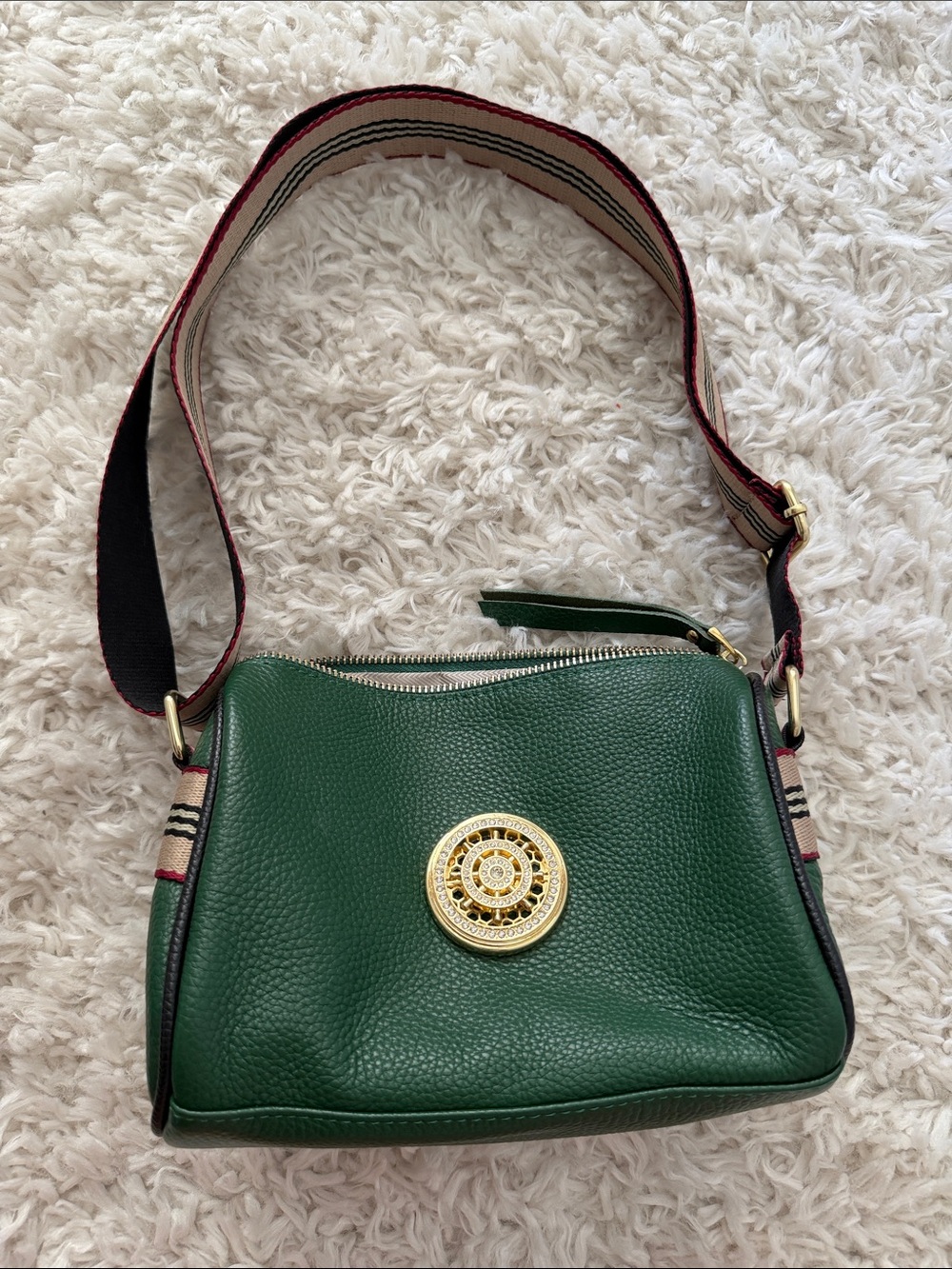 Green Leather Crossbody Bag with Gold Medallion